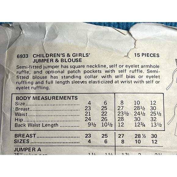 Butterick 6933 pattern Girls jumper blouse 1970s size 8 - Picture 5 of 9